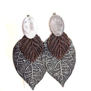 Vintage Bohemian Earthy Layered Leaf Fall Silver Tone Bronze Stud Earrings